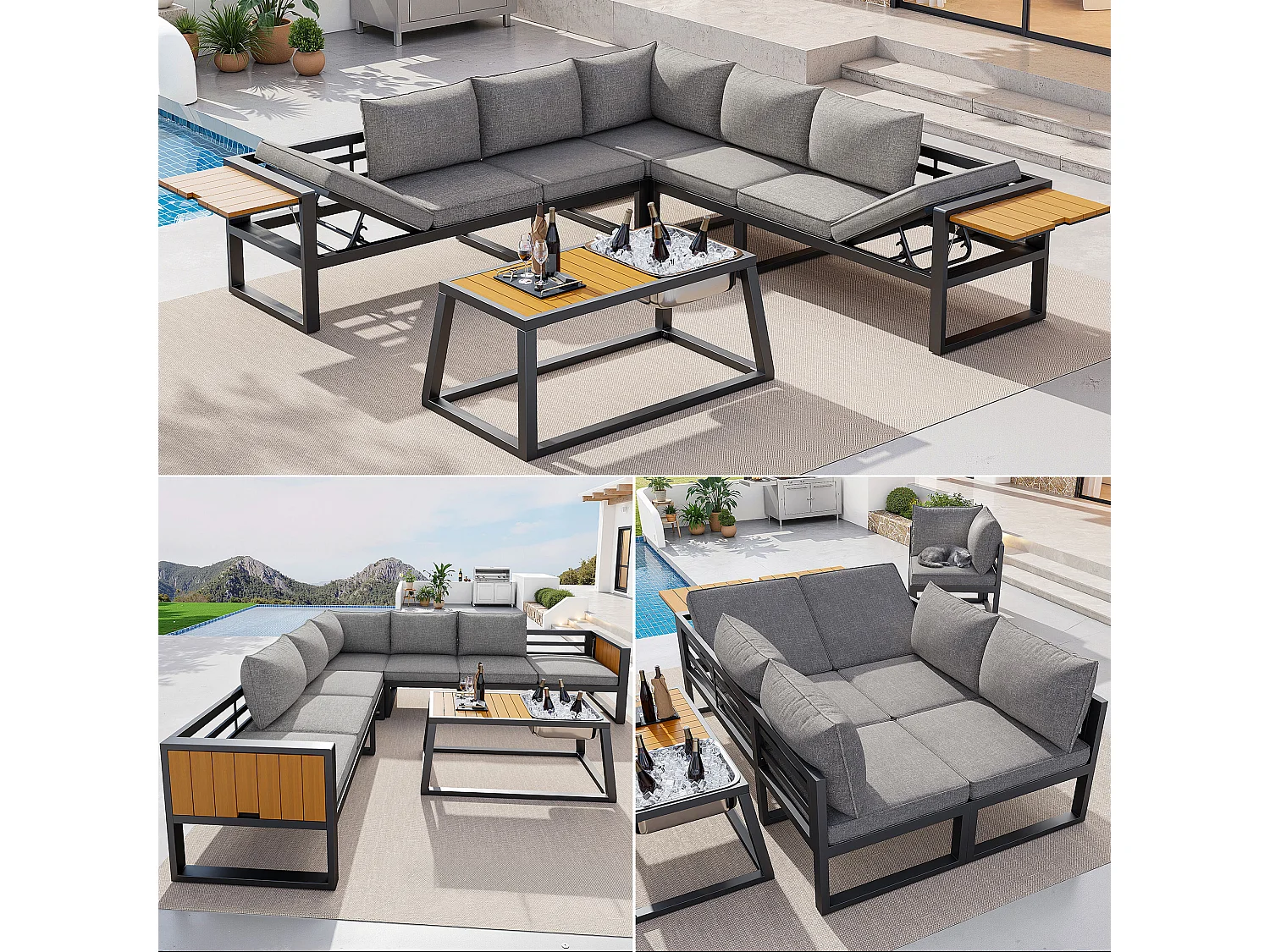 Tuinset - met kussens + tafel + bank met verstelbare rugleuning en inklapbare armleuningen - metaal - grijs