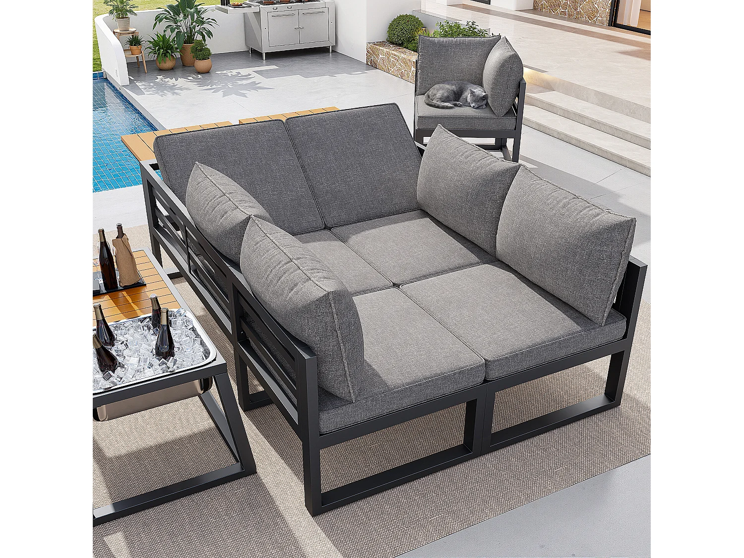Tuinset - met kussens + tafel + bank met verstelbare rugleuning en inklapbare armleuningen - metaal - grijs