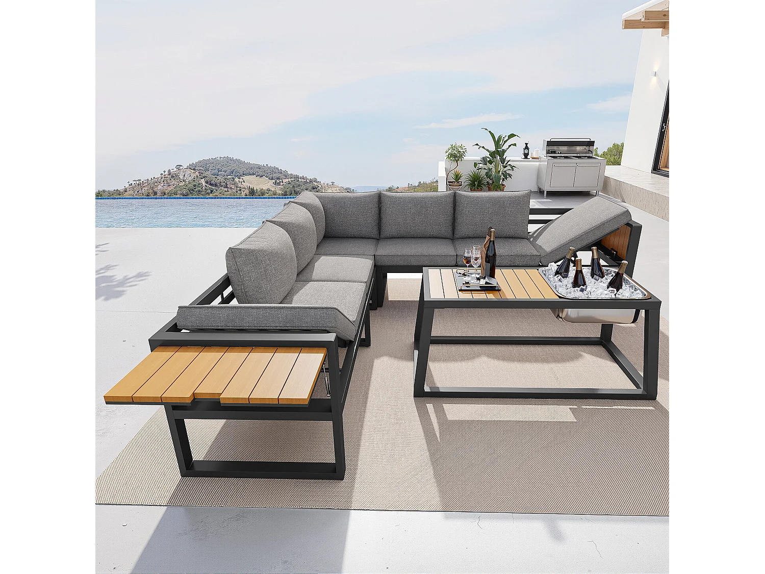 Tuinset - met kussens + tafel + bank met verstelbare rugleuning en inklapbare armleuningen - metaal - grijs
