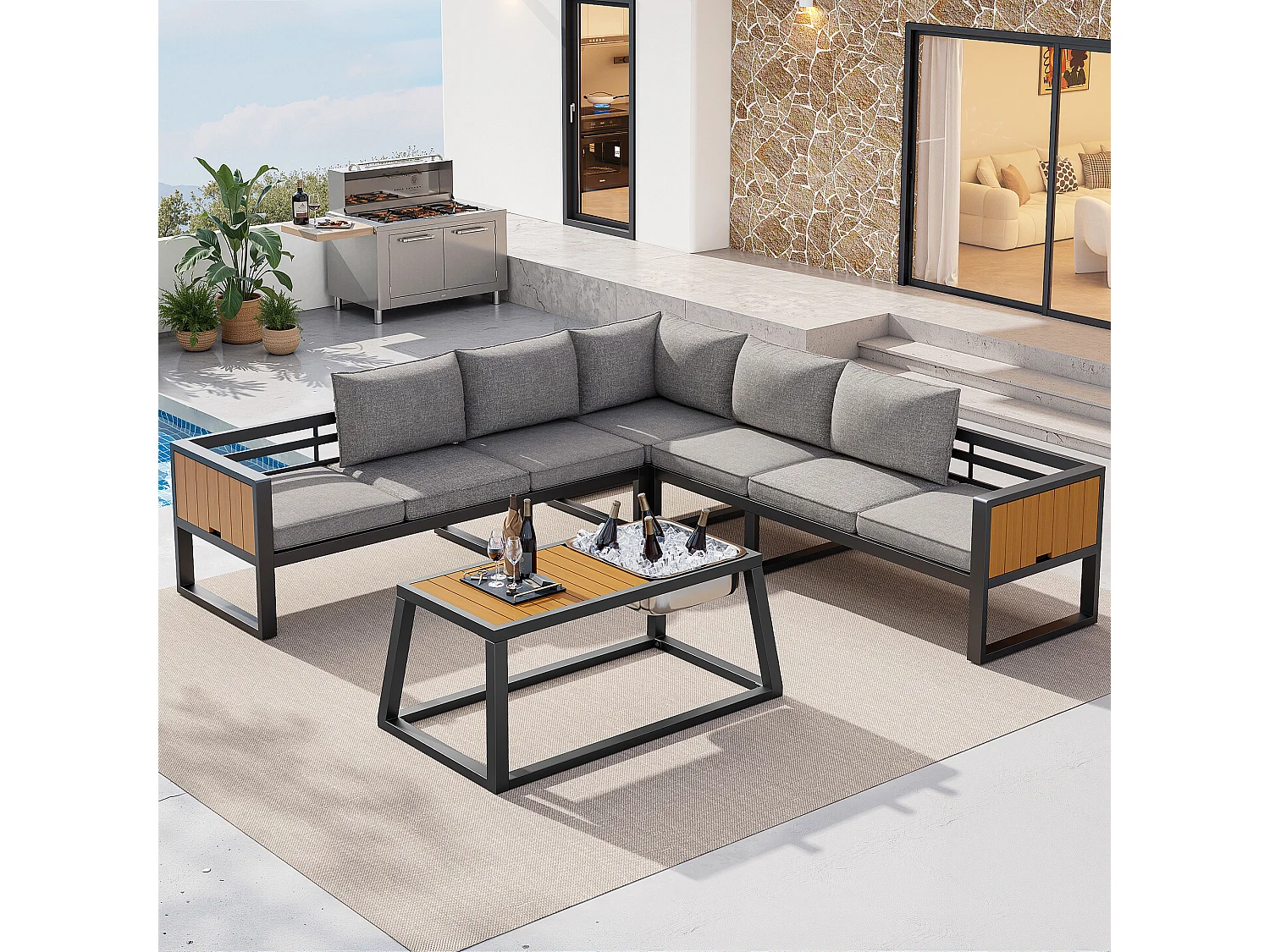 Tuinset - met kussens + tafel + bank met verstelbare rugleuning en inklapbare armleuningen - metaal - grijs