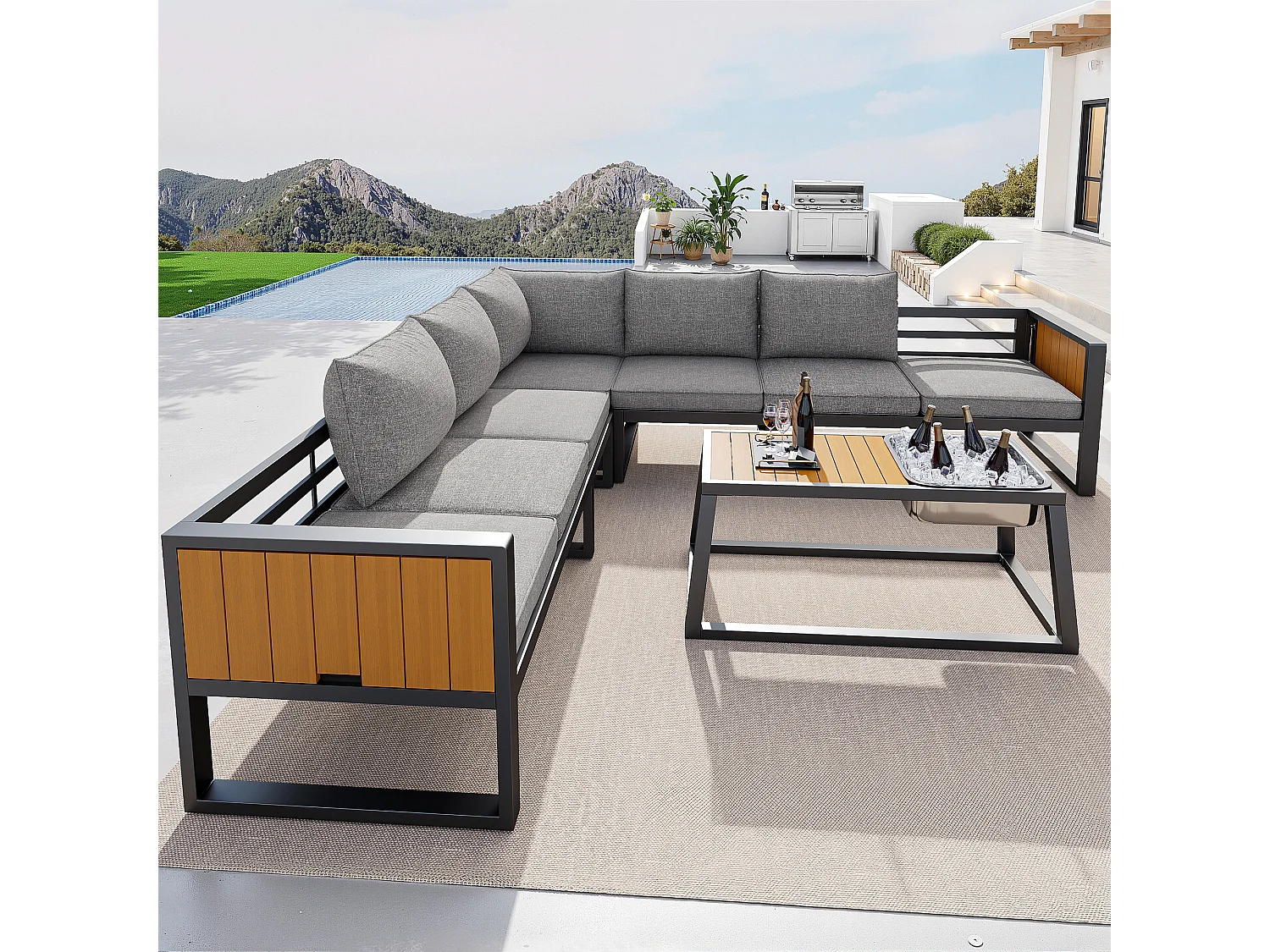 Tuinset - met kussens + tafel + bank met verstelbare rugleuning en inklapbare armleuningen - metaal - grijs