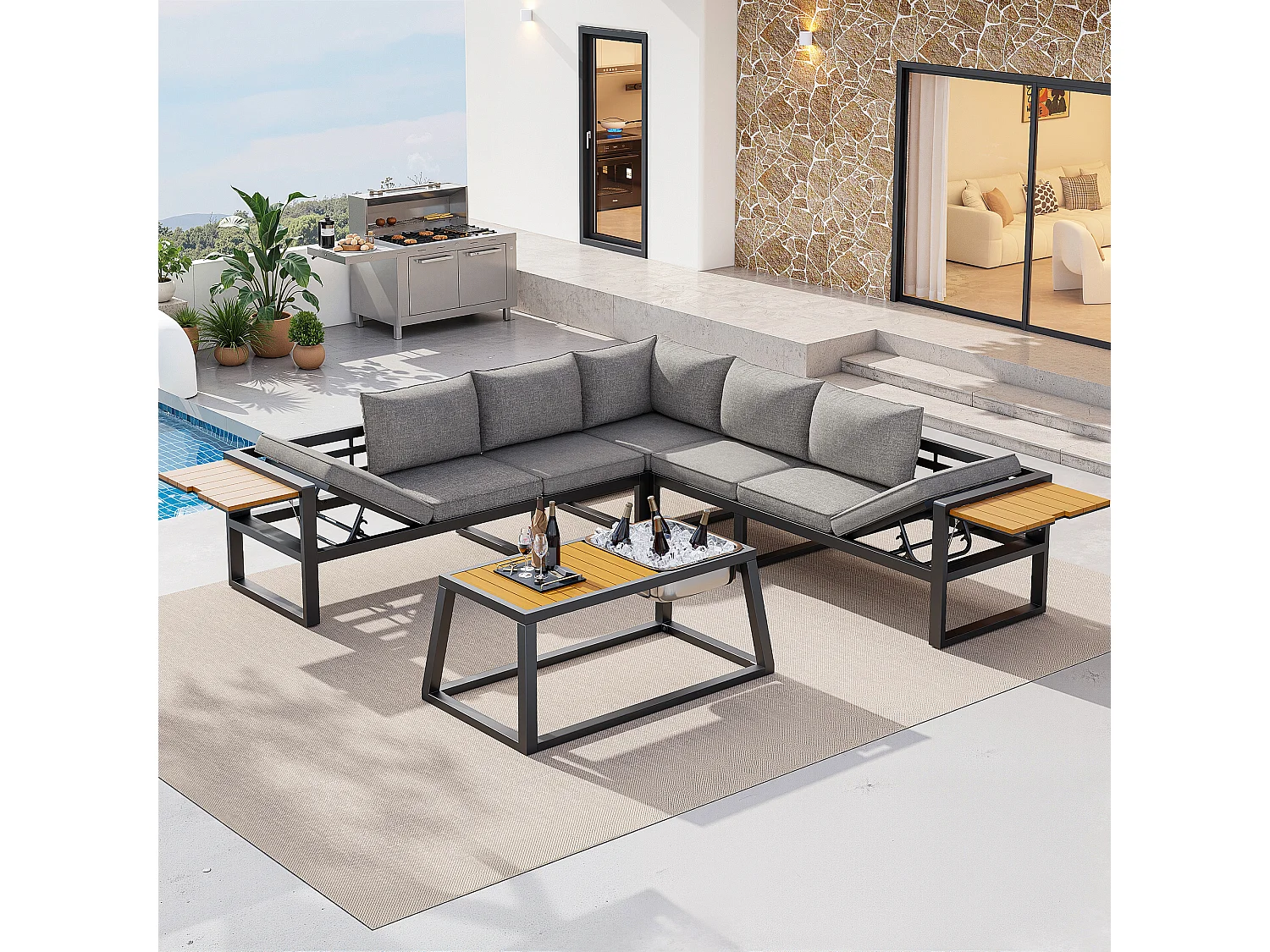 Tuinset - met kussens + tafel + bank met verstelbare rugleuning en inklapbare armleuningen - metaal - grijs