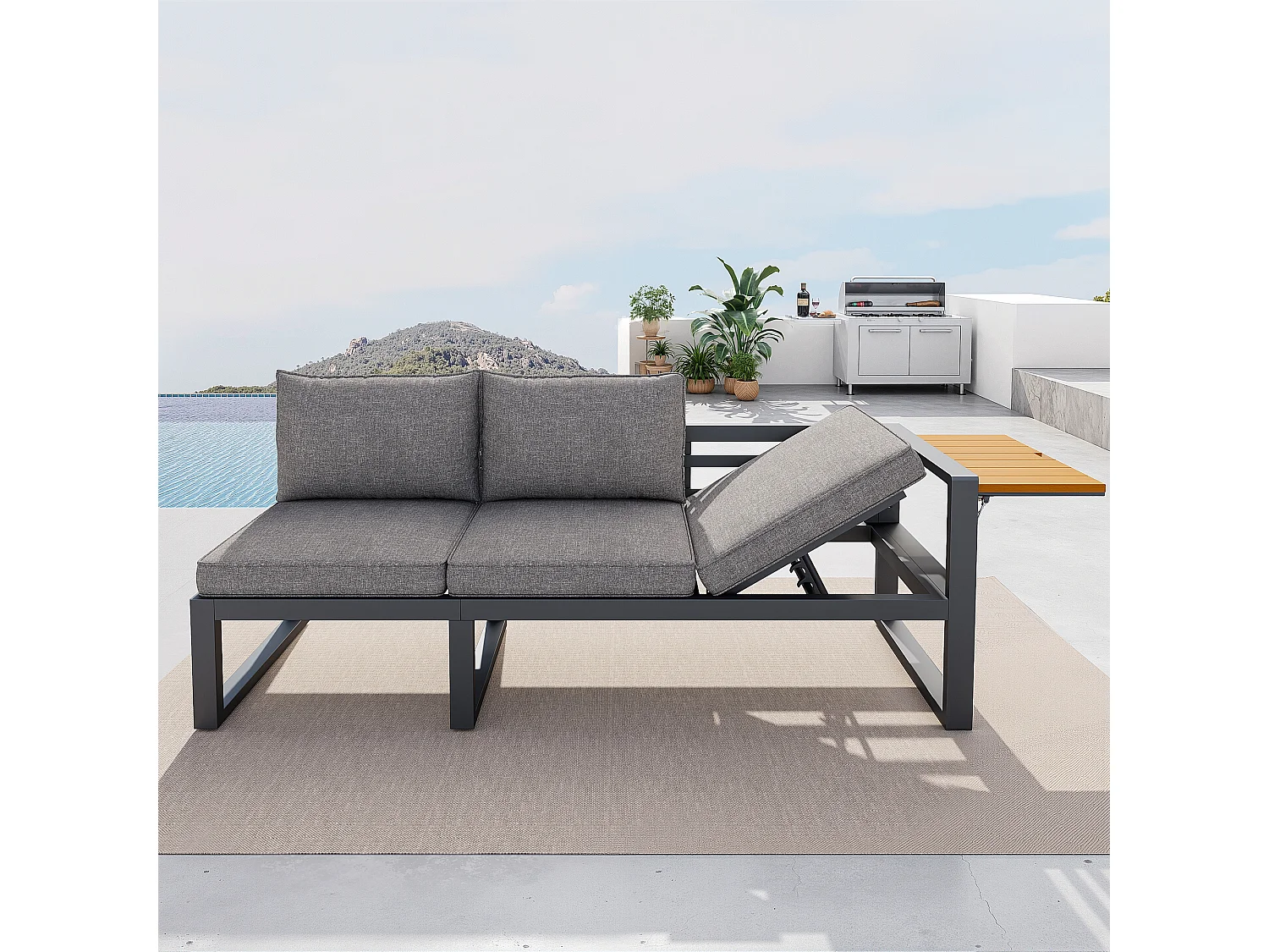Tuinset - met kussens + tafel + bank met verstelbare rugleuning en inklapbare armleuningen - metaal - grijs