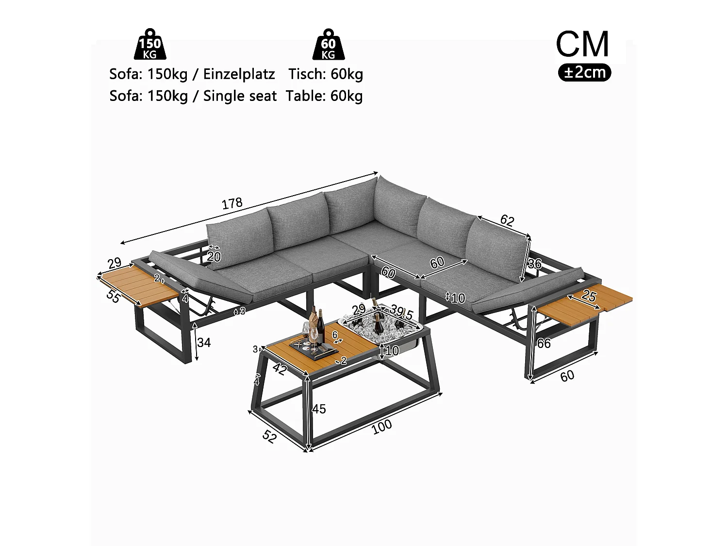 Tuinset - met kussens + tafel + bank met verstelbare rugleuning en inklapbare armleuningen - metaal - grijs