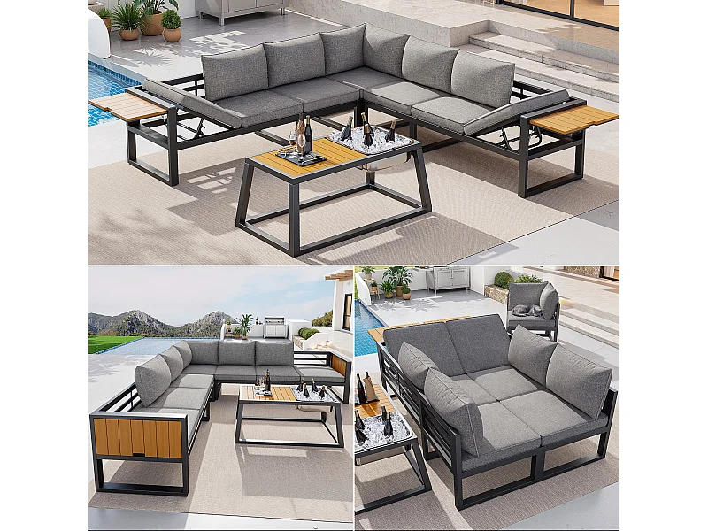 Tuinset - met kussens + tafel + bank met verstelbare rugleuning en inklapbare armleuningen - metaal - grijs