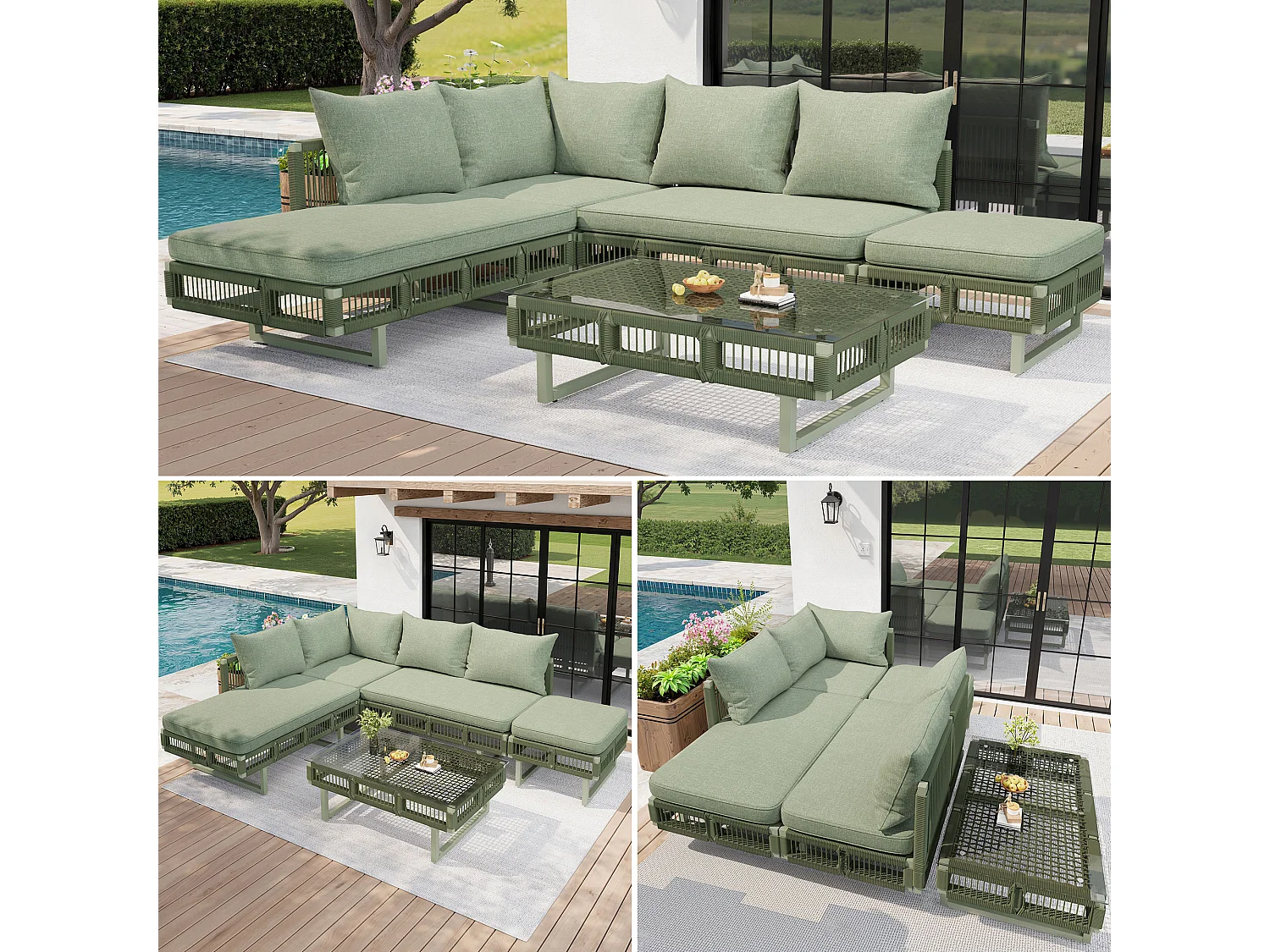 Gartenmöbelset – mit Kissen, Glastisch, Sonnenliege und Sofa – Metall – grün