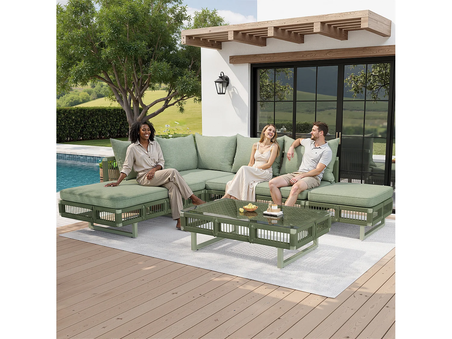 Gartenmöbelset – mit Kissen, Glastisch, Sonnenliege und Sofa – Metall – grün