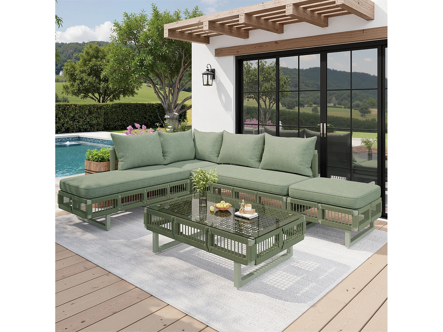 Gartenmöbelset – mit Kissen, Glastisch, Sonnenliege und Sofa – Metall – grün