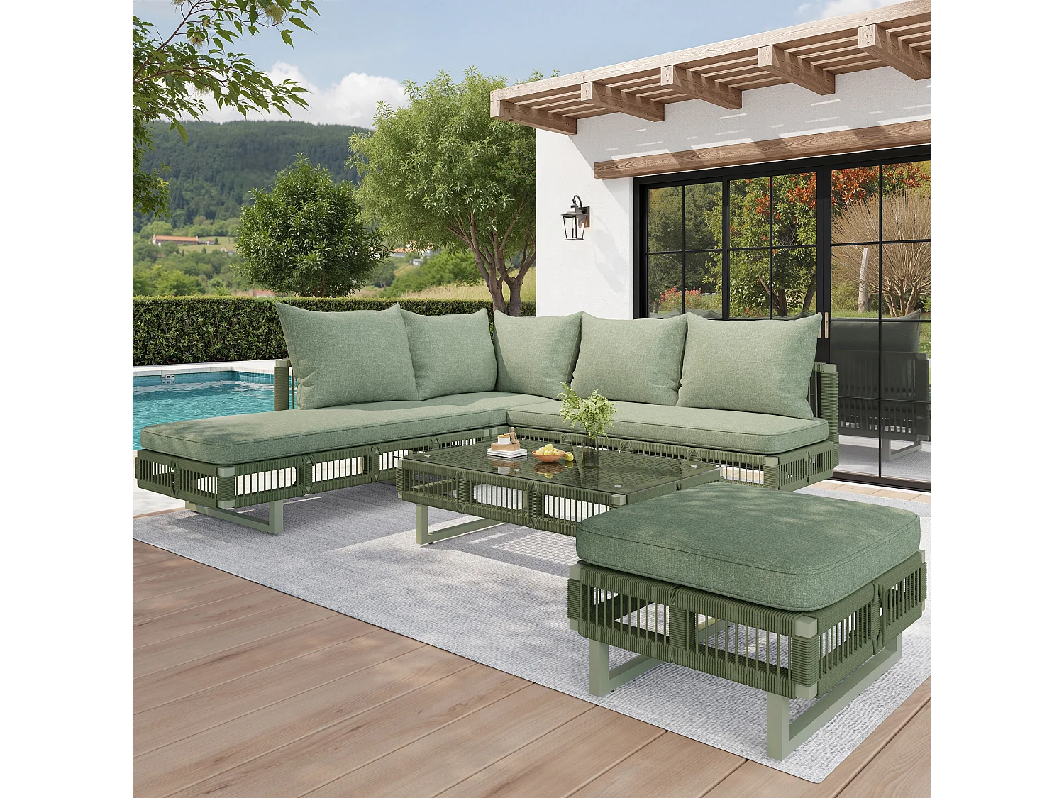 Gartenmöbelset – mit Kissen, Glastisch, Sonnenliege und Sofa – Metall – grün