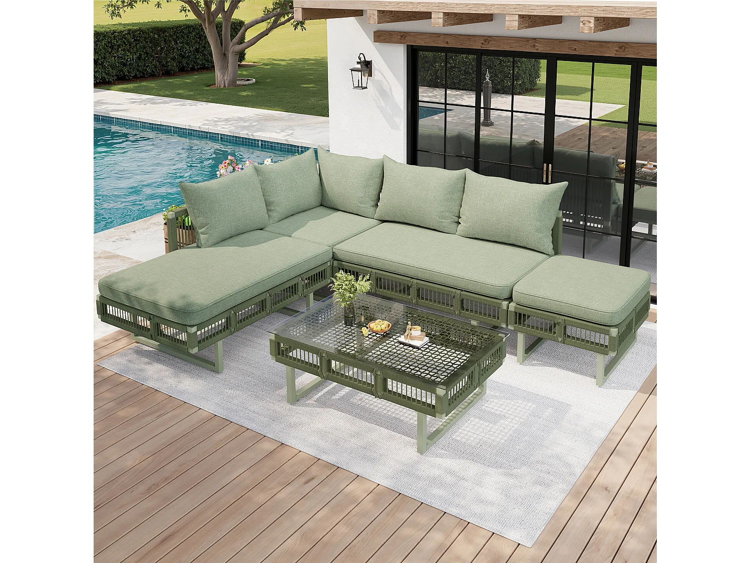 Gartenmöbelset – mit Kissen, Glastisch, Sonnenliege und Sofa – Metall – grün