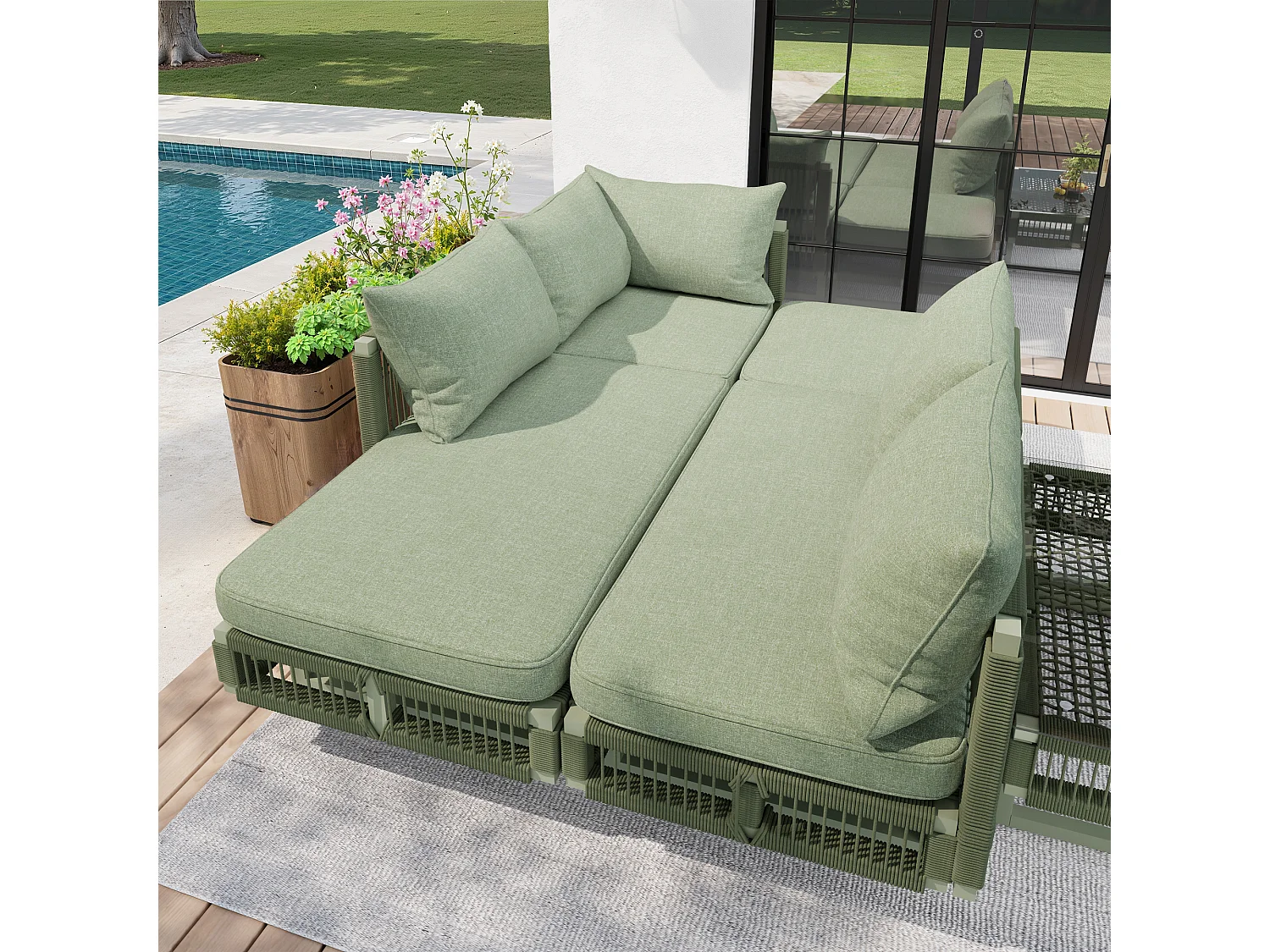 Gartenmöbelset – mit Kissen, Glastisch, Sonnenliege und Sofa – Metall – grün