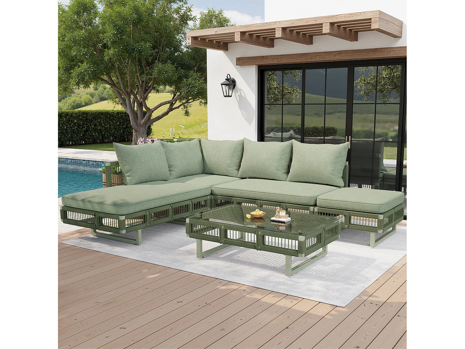 Gartenmöbelset – mit Kissen, Glastisch, Sonnenliege und Sofa – Metall – grün