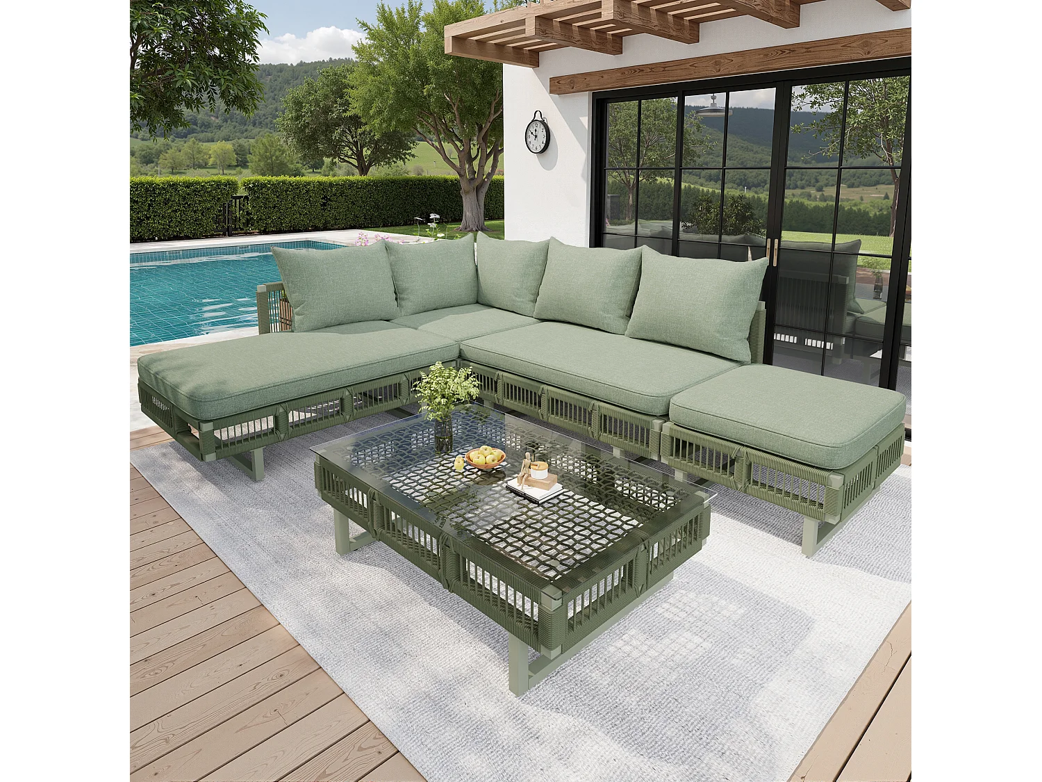 Gartenmöbelset – mit Kissen, Glastisch, Sonnenliege und Sofa – Metall – grün