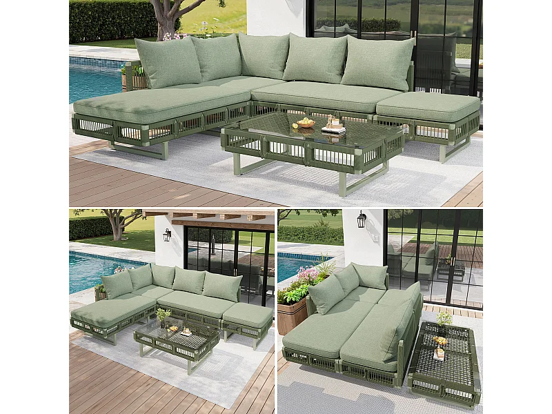Gartenmöbelset – mit Kissen, Glastisch, Sonnenliege und Sofa – Metall – grün