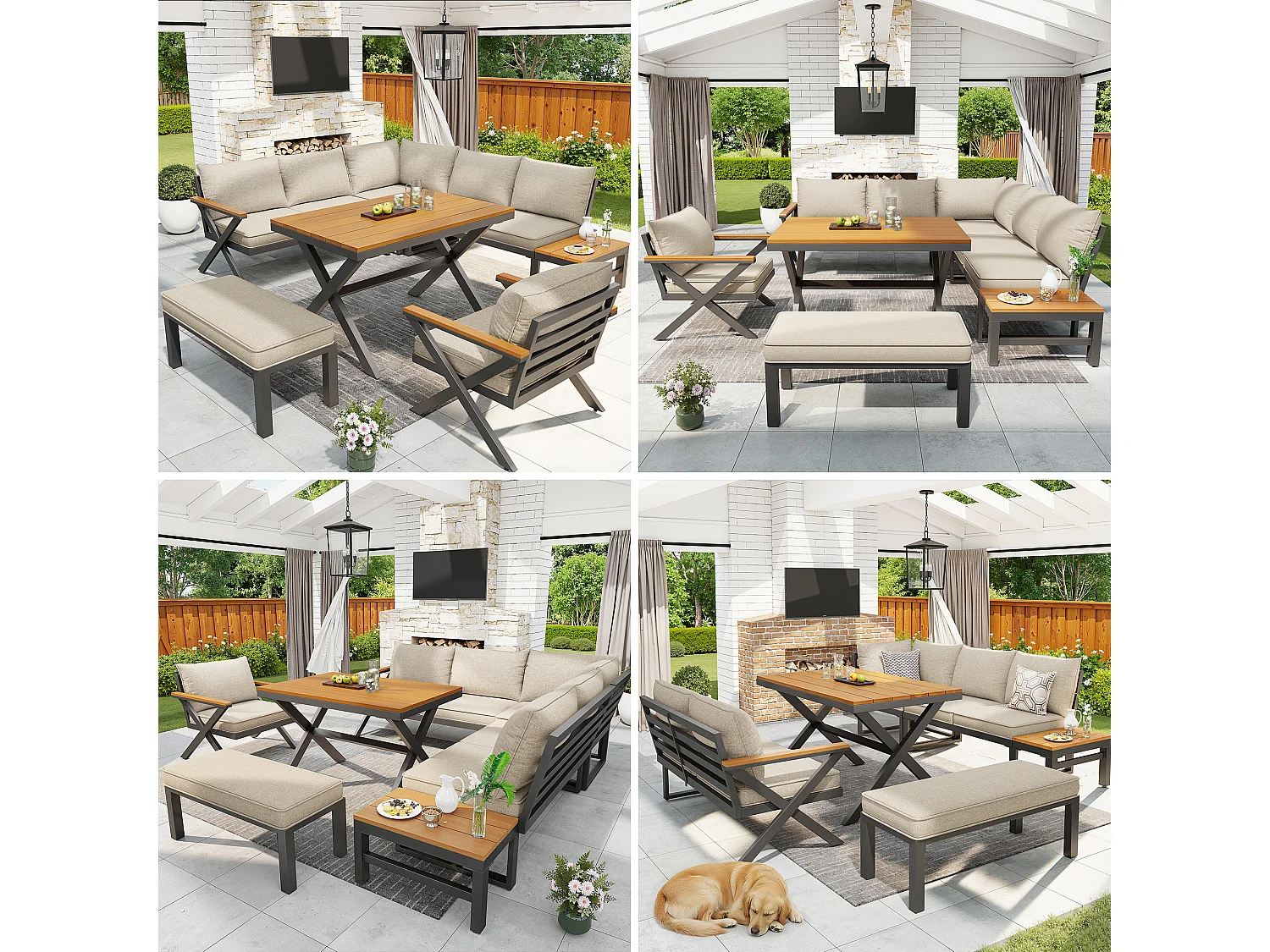 Tuinset - met kussens + tafel + hoekbank + zitbank + fauteuil - metaal - beige