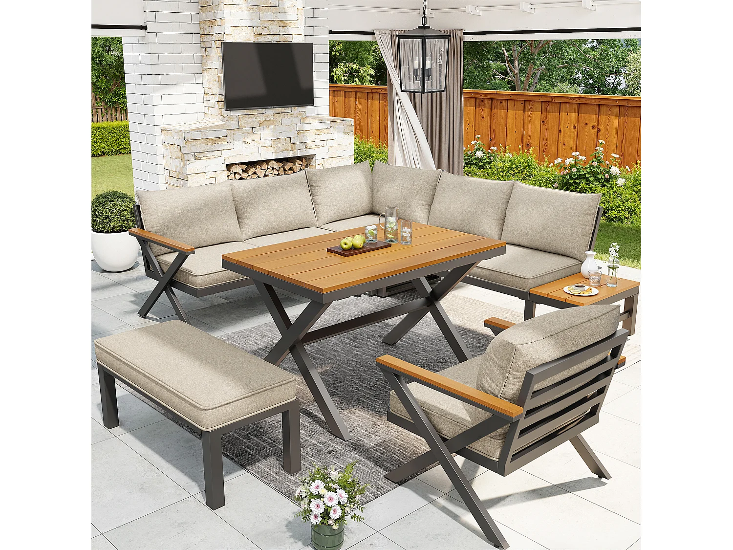 Tuinset - met kussens + tafel + hoekbank + zitbank + fauteuil - metaal - beige