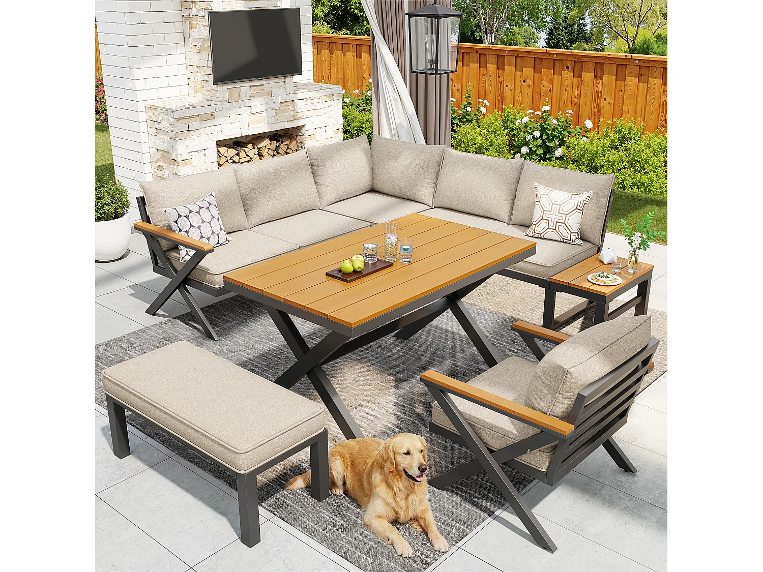 Tuinset - met kussens + tafel + hoekbank + zitbank + fauteuil - metaal - beige