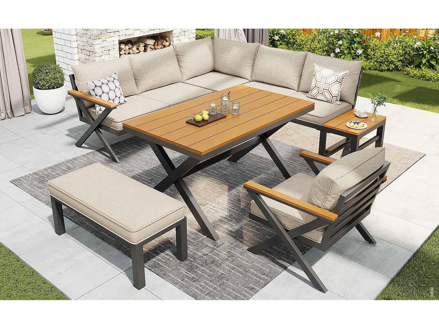 Tuinset - met kussens + tafel + hoekbank + zitbank + fauteuil - metaal - beige