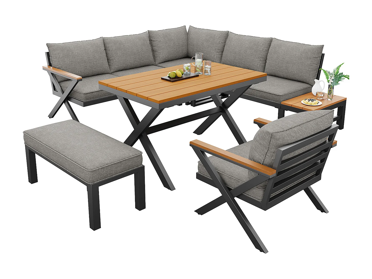 Tuinset - met kussens + tafel + hoekbank + zitbank + fauteuil - metaal - grijs