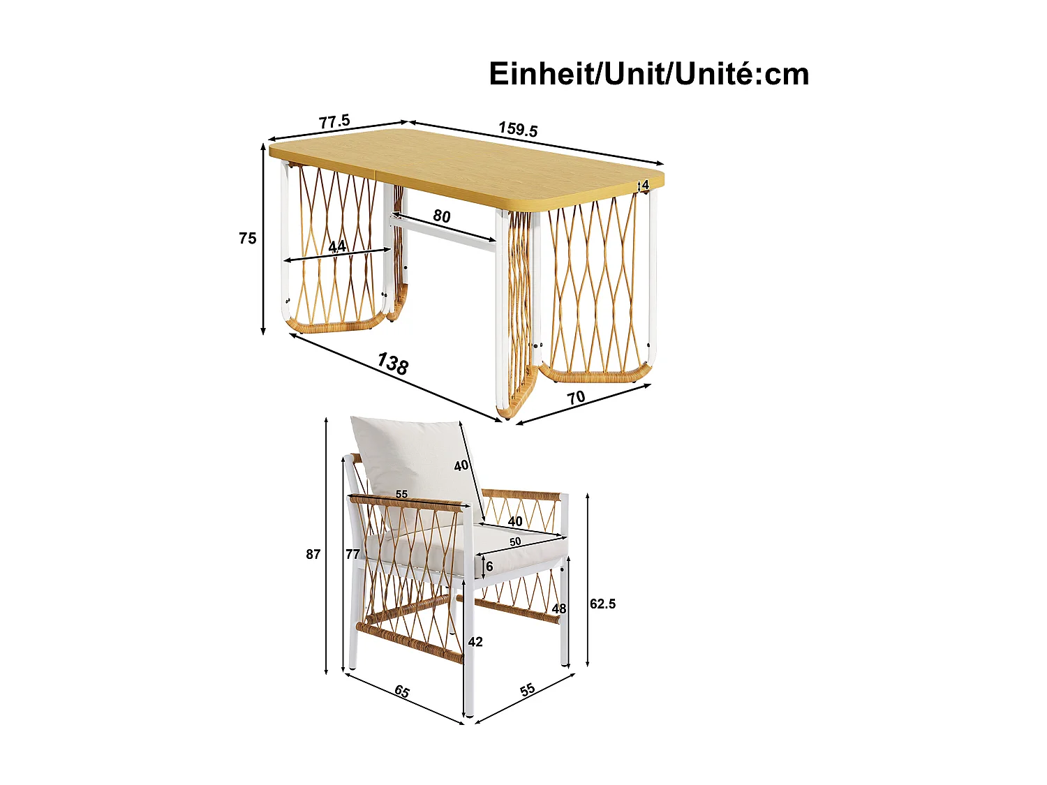 Ensemble salon de jardin moderne - structure en fer - accoudoirs tressés - avec coussins d'assise + table + 6 chaises - beige
