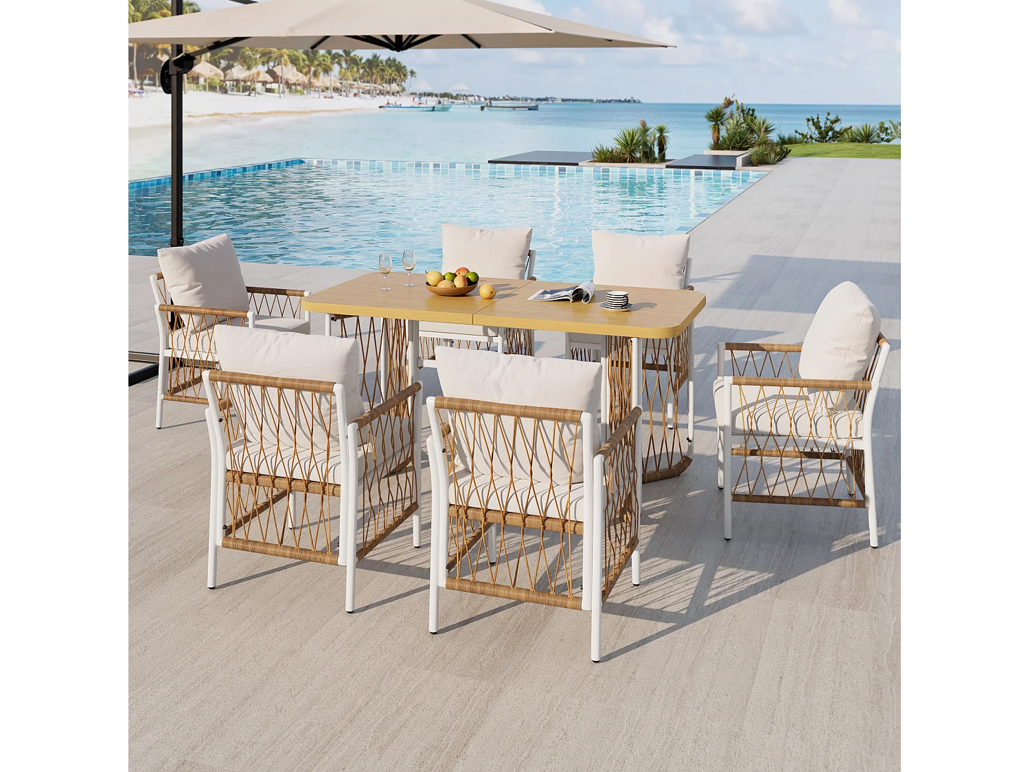 Ensemble salon de jardin moderne - structure en fer - accoudoirs tressés - avec coussins d'assise + table + 6 chaises - beige