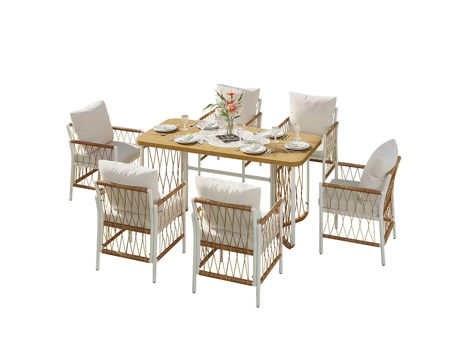 Moderne Gartenmöbelgarnitur – Eisengestell – geflochtene Armlehnen – mit Sitzkissen + Tisch + 6 Stühlen – beige