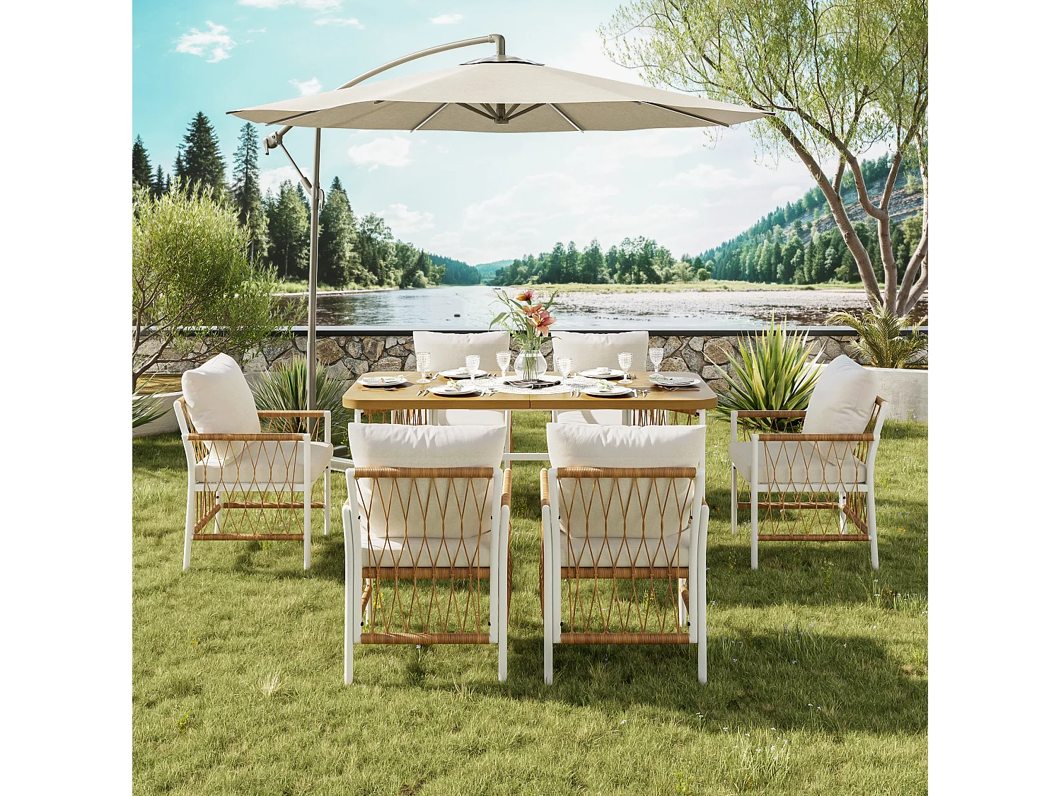 Moderne Gartenmöbelgarnitur – Eisengestell – geflochtene Armlehnen – mit Sitzkissen + Tisch + 6 Stühlen – beige