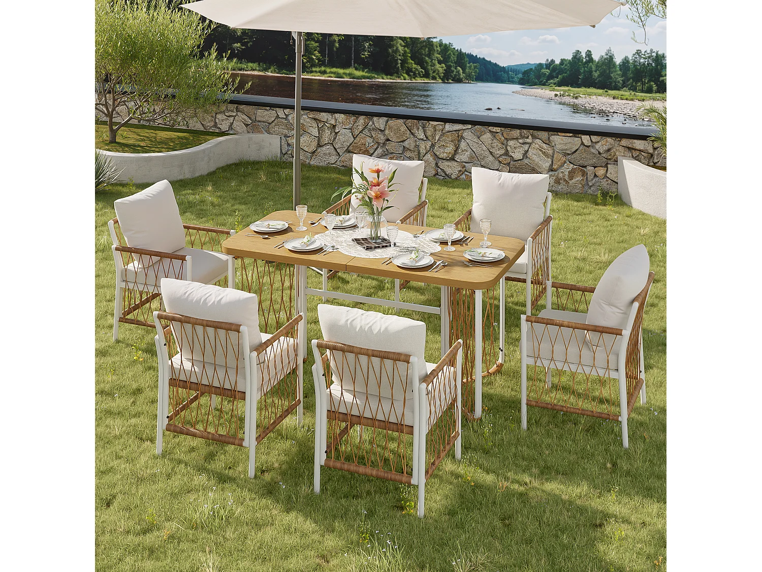 Moderne Gartenmöbelgarnitur – Eisengestell – geflochtene Armlehnen – mit Sitzkissen + Tisch + 6 Stühlen – beige