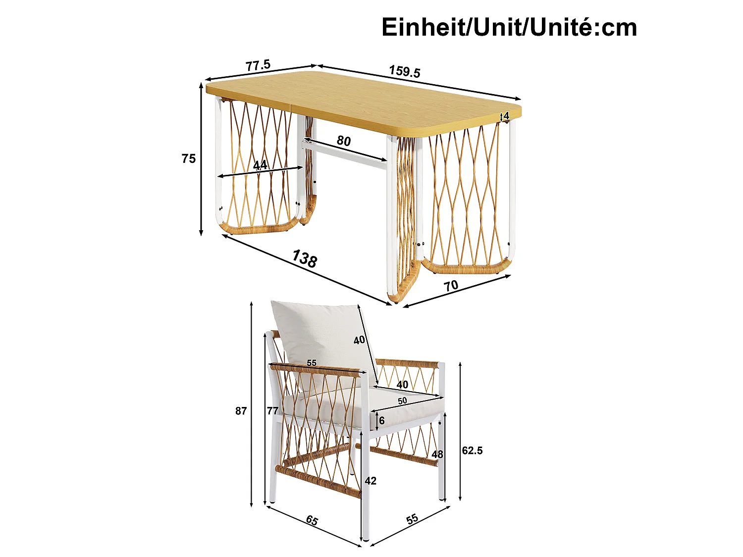 Moderne Gartenmöbelgarnitur – Eisengestell – geflochtene Armlehnen – mit Sitzkissen + Tisch + 6 Stühlen – beige