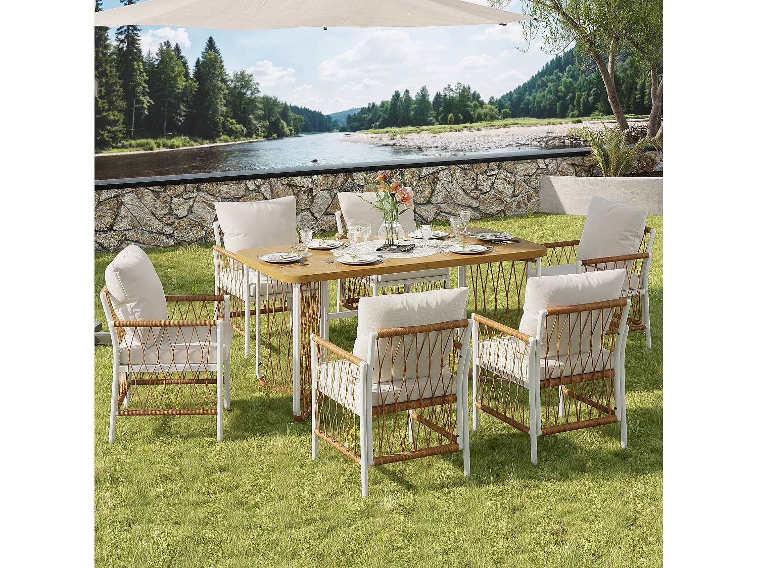 Moderne Gartenmöbelgarnitur – Eisengestell – geflochtene Armlehnen – mit Sitzkissen + Tisch + 6 Stühlen – beige