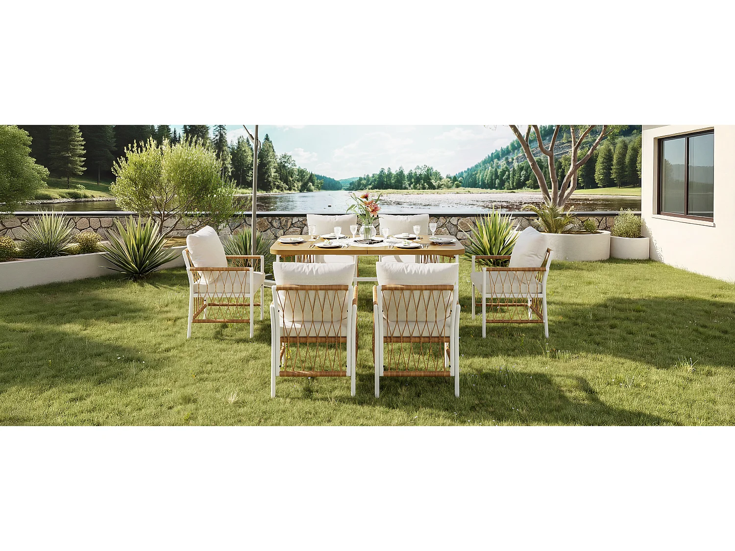Moderne Gartenmöbelgarnitur – Eisengestell – geflochtene Armlehnen – mit Sitzkissen + Tisch + 6 Stühlen – beige