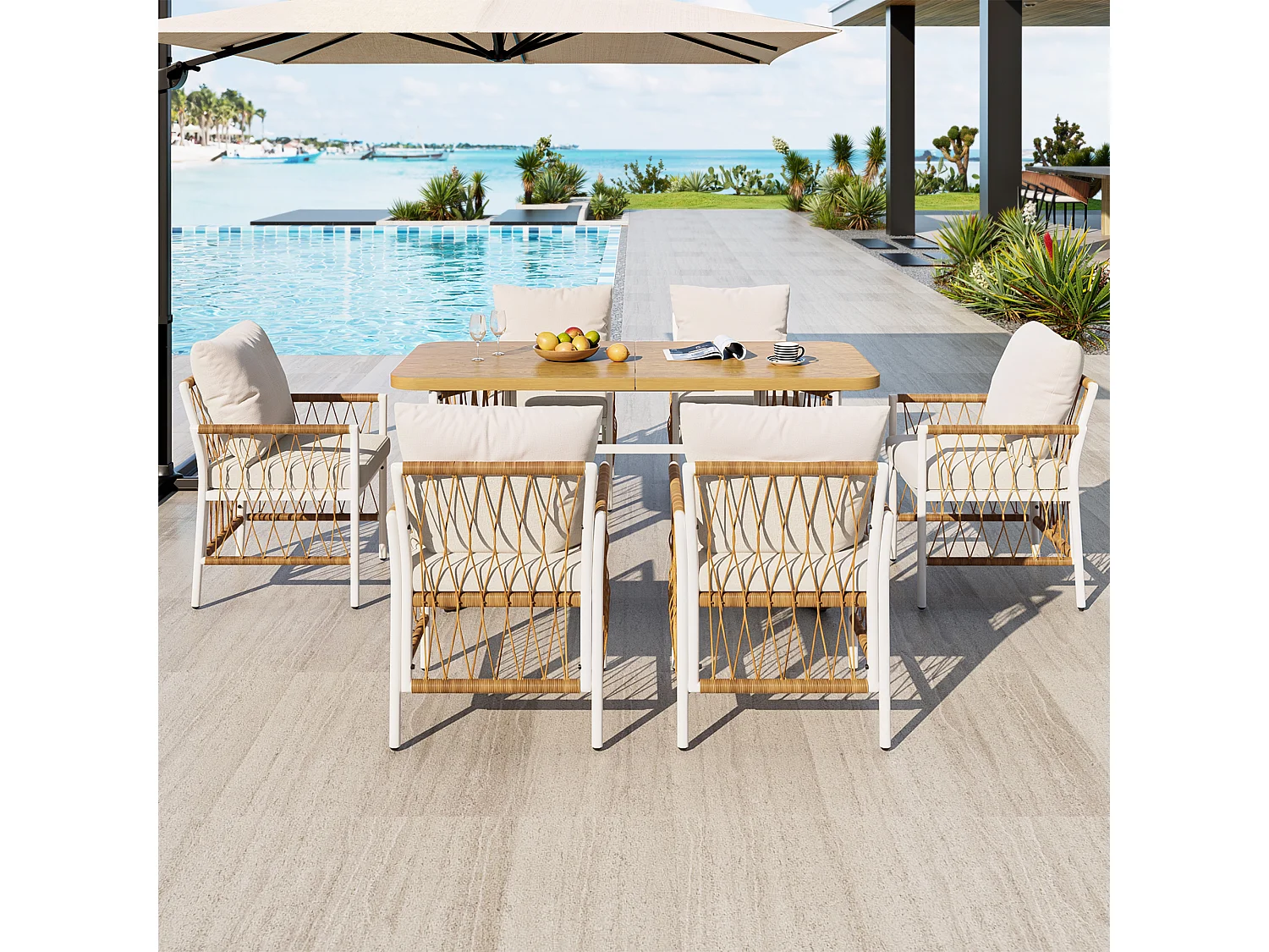 Moderne Gartenmöbelgarnitur – Eisengestell – geflochtene Armlehnen – mit Sitzkissen + Tisch + 6 Stühlen – beige