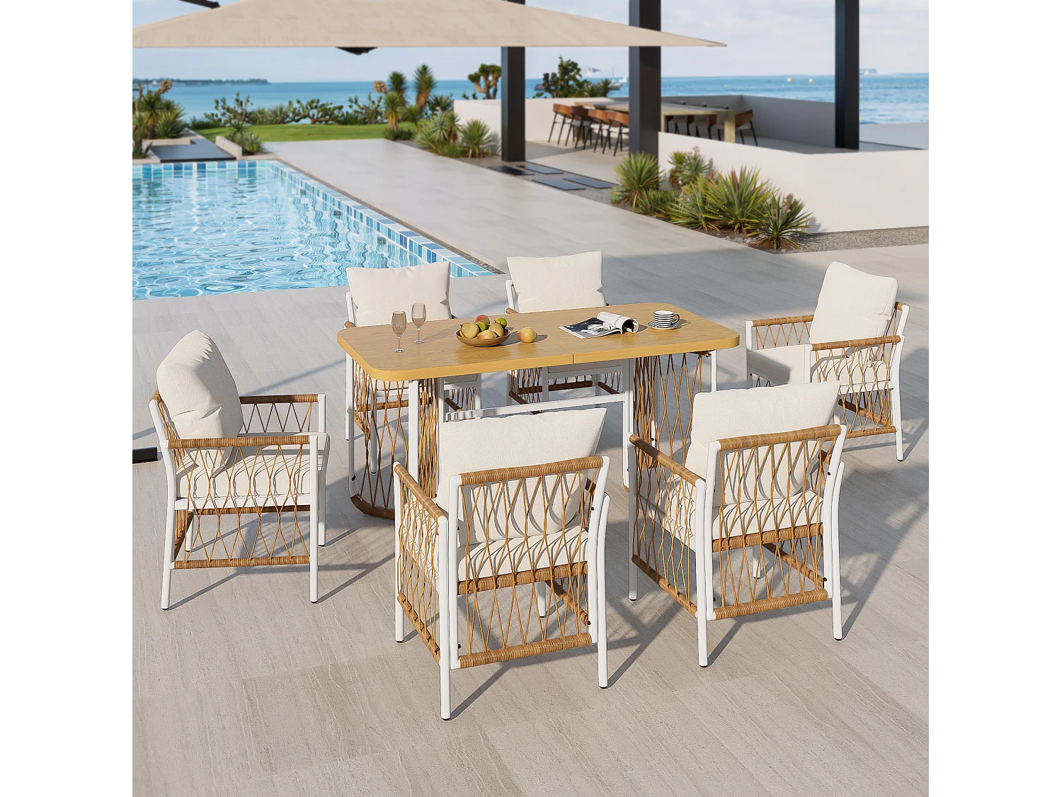 Moderne Gartenmöbelgarnitur – Eisengestell – geflochtene Armlehnen – mit Sitzkissen + Tisch + 6 Stühlen – beige