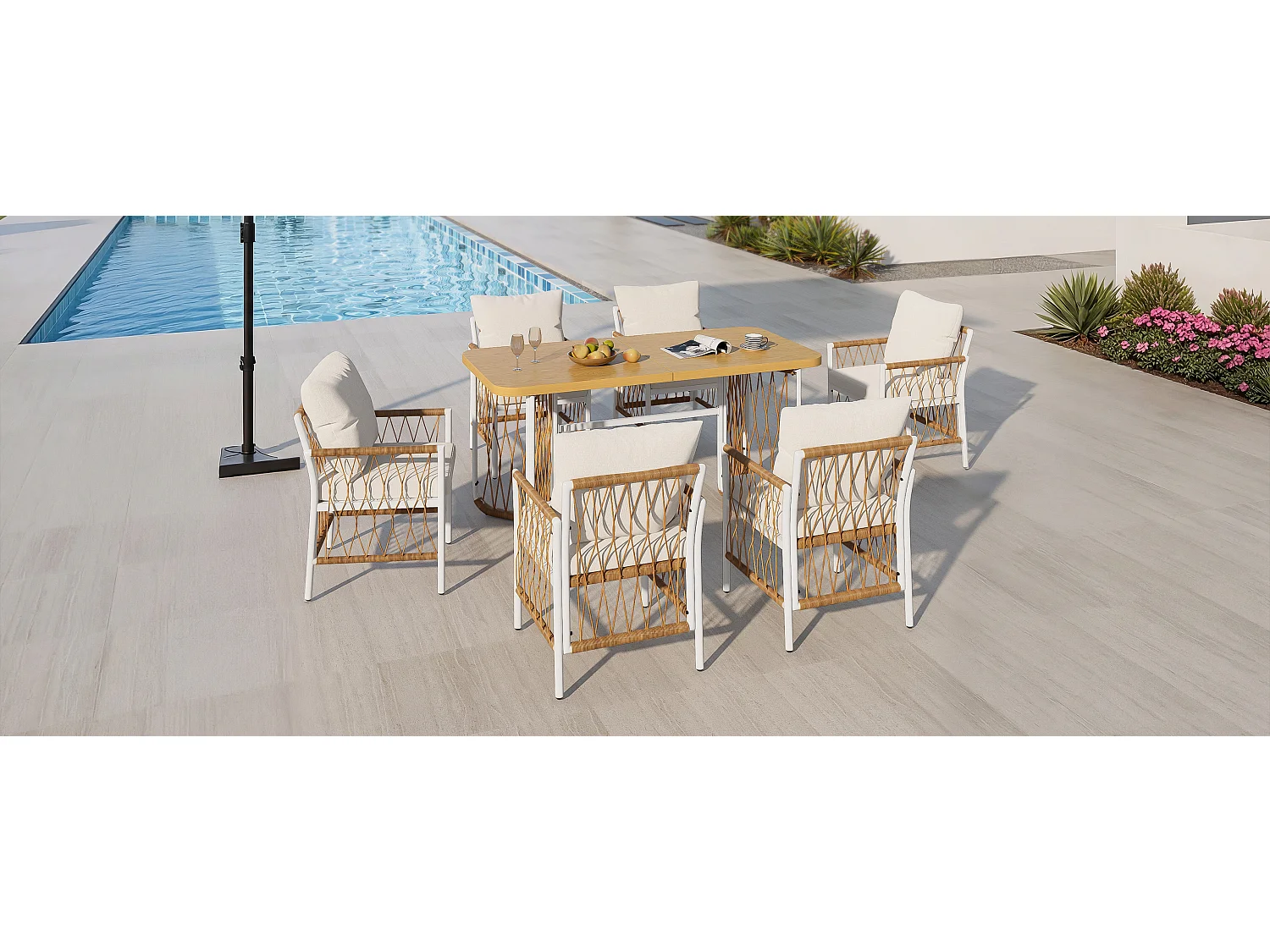 Moderne Gartenmöbelgarnitur – Eisengestell – geflochtene Armlehnen – mit Sitzkissen + Tisch + 6 Stühlen – beige