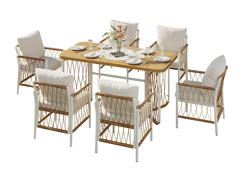Ensemble salon de jardin moderne - structure en fer - accoudoirs tressés - avec coussins d'assise + table + 6 chaises - beige
