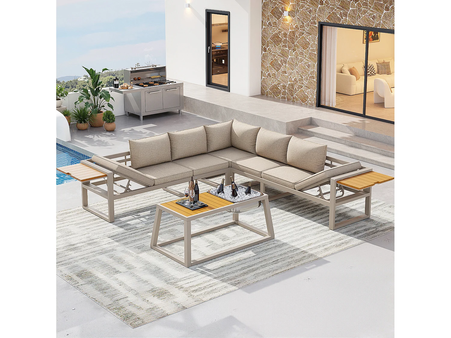 Tuinset - met kussens + tafel + bank met verstelbare rugleuning en inklapbare armleuningen - metaal - beige