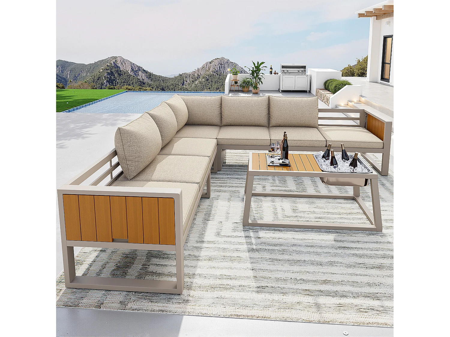 Tuinset - met kussens + tafel + bank met verstelbare rugleuning en inklapbare armleuningen - metaal - beige