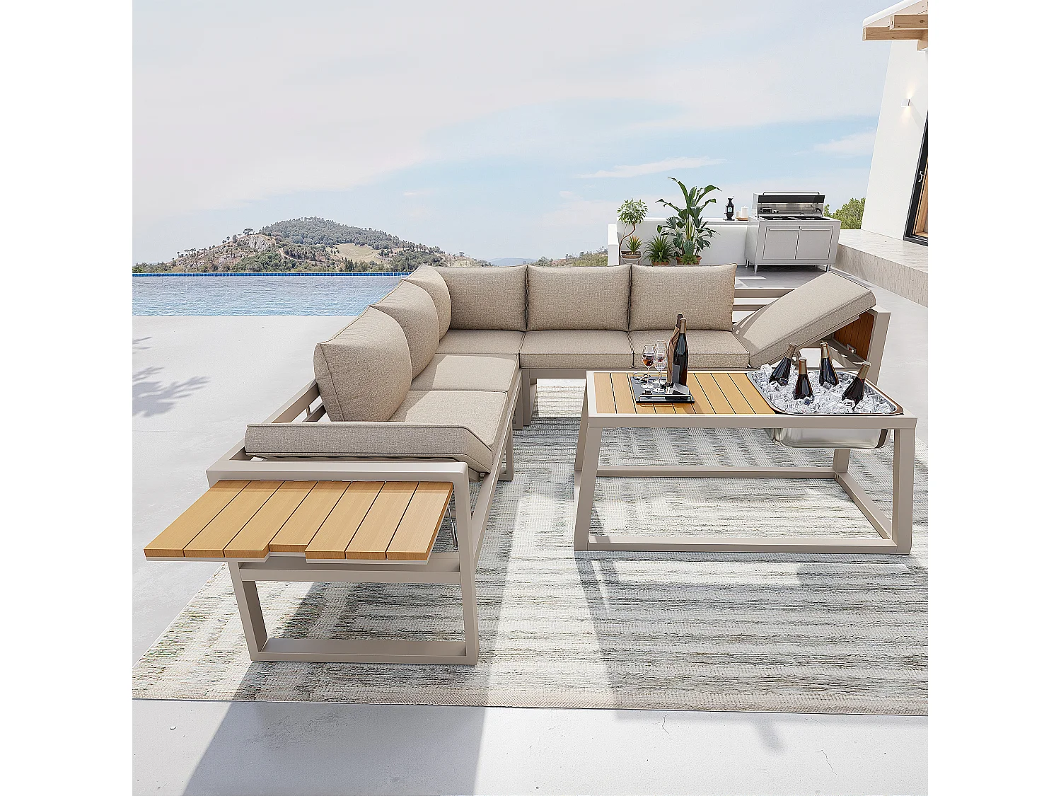 Tuinset - met kussens + tafel + bank met verstelbare rugleuning en inklapbare armleuningen - metaal - beige