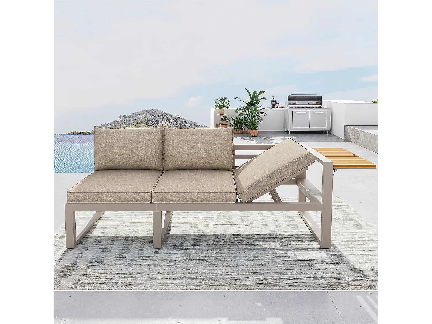 Tuinset - met kussens + tafel + bank met verstelbare rugleuning en inklapbare armleuningen - metaal - beige