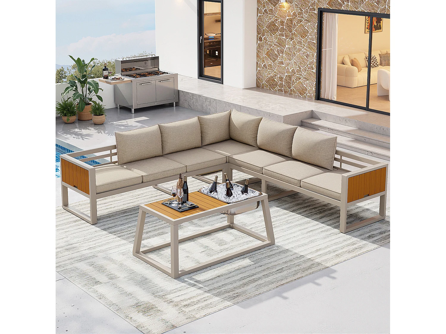 Tuinset - met kussens + tafel + bank met verstelbare rugleuning en inklapbare armleuningen - metaal - beige