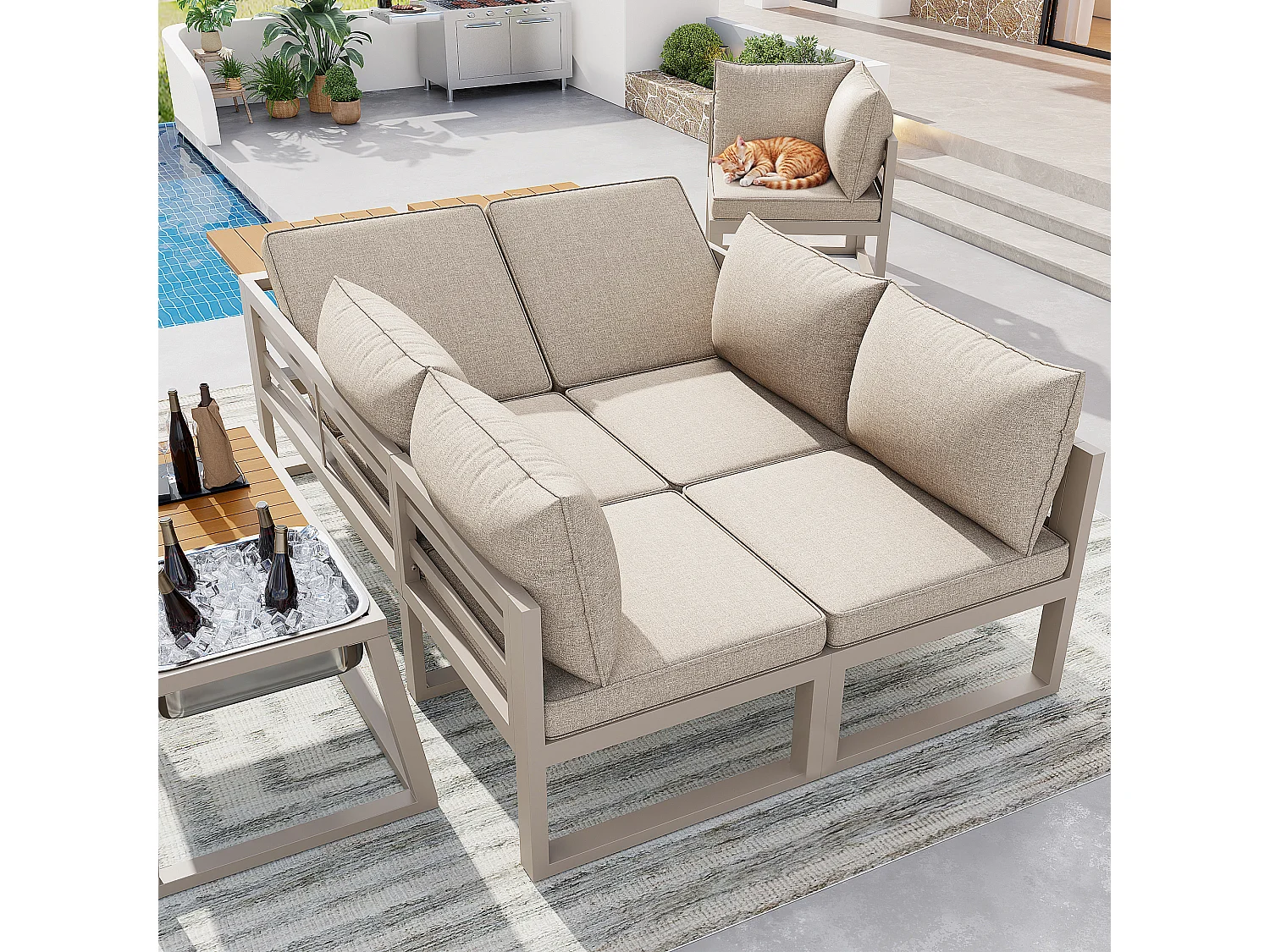 Tuinset - met kussens + tafel + bank met verstelbare rugleuning en inklapbare armleuningen - metaal - beige