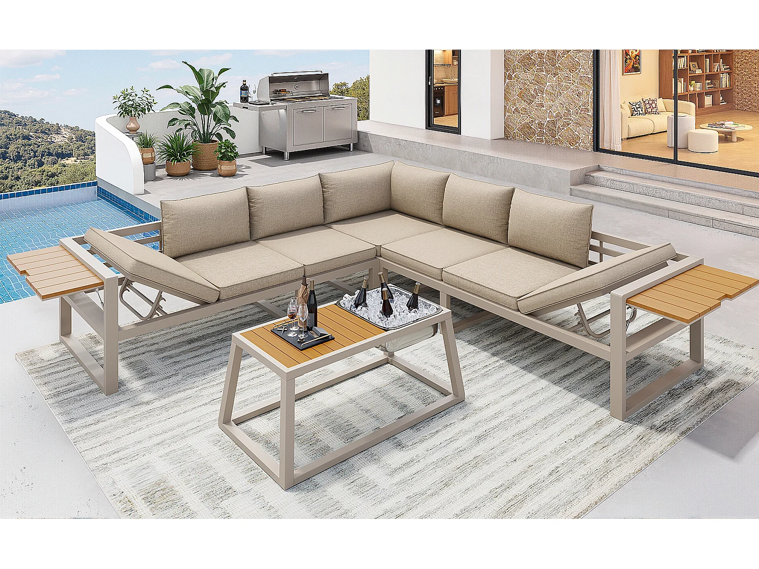 Tuinset - met kussens + tafel + bank met verstelbare rugleuning en inklapbare armleuningen - metaal - beige
