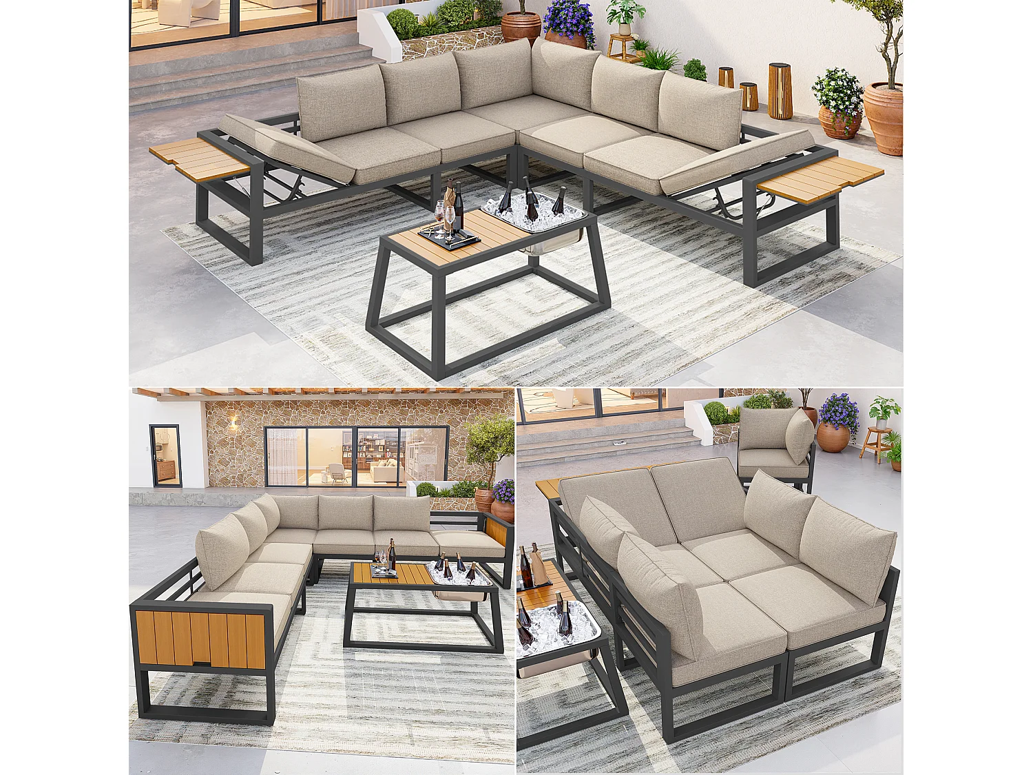 Tuinset - met kussens + tafel + bank met verstelbare rugleuning en inklapbare armleuningen - metaal - beige