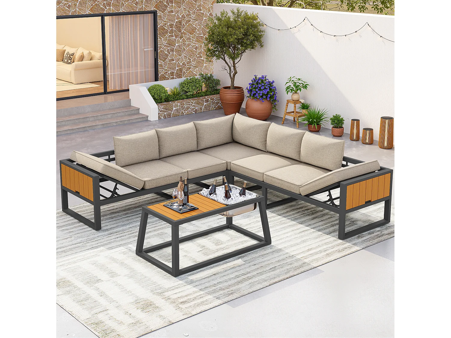 Tuinset - met kussens + tafel + bank met verstelbare rugleuning en inklapbare armleuningen - metaal - beige