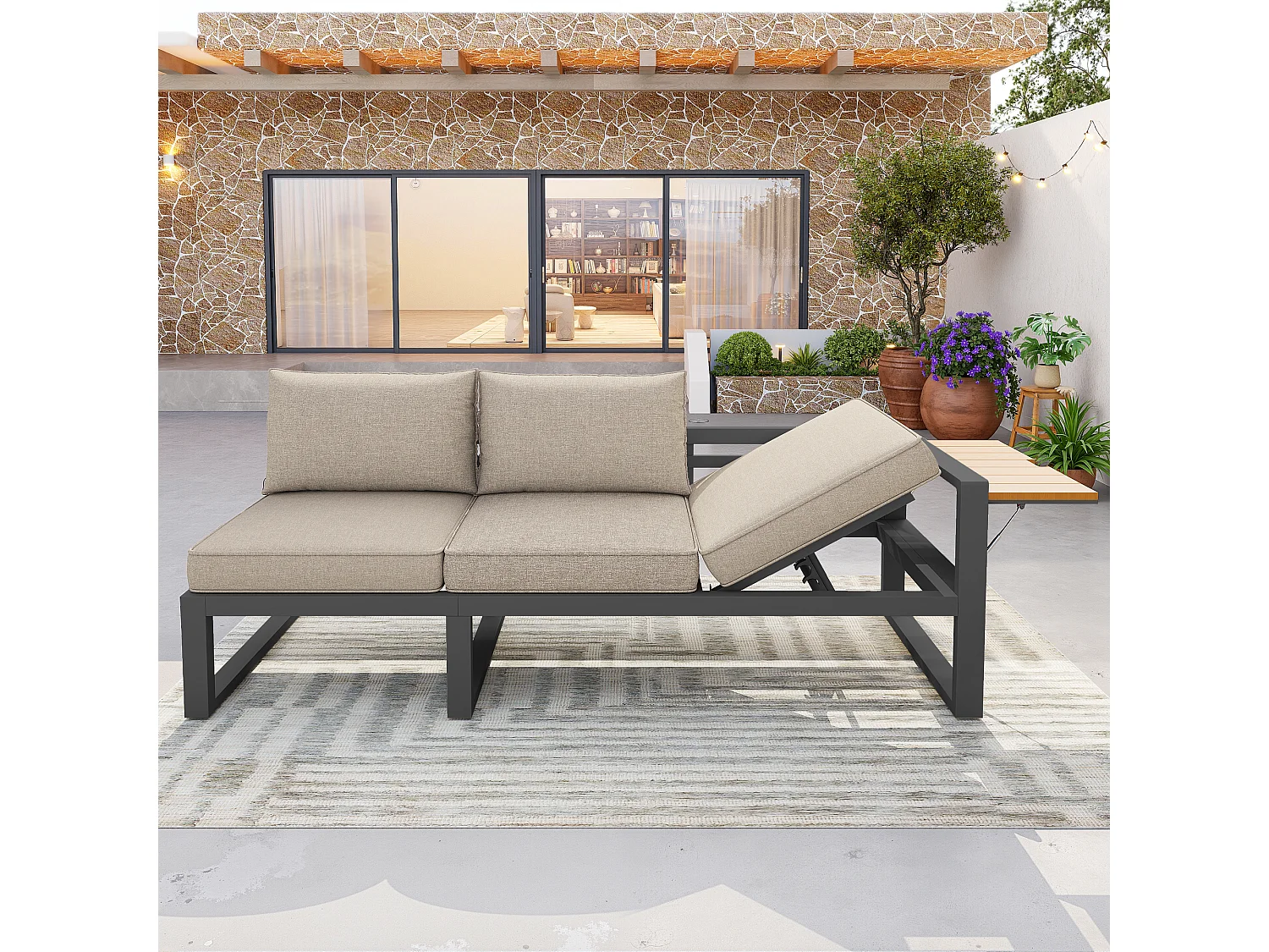 Tuinset - met kussens + tafel + bank met verstelbare rugleuning en inklapbare armleuningen - metaal - beige