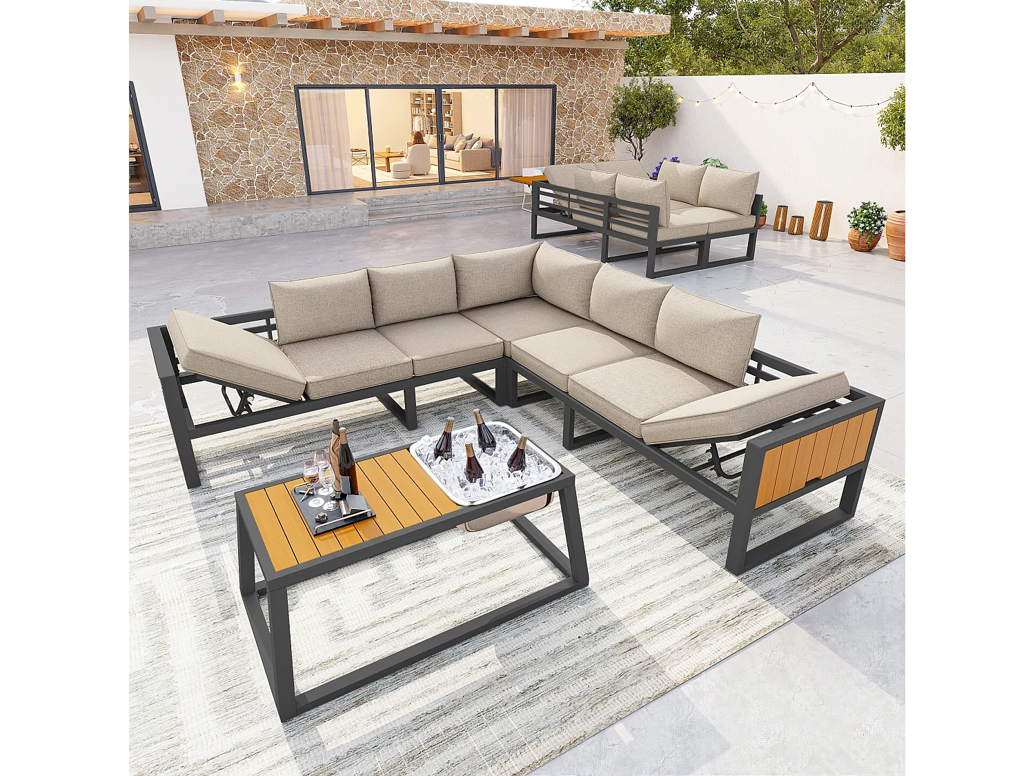 Tuinset - met kussens + tafel + bank met verstelbare rugleuning en inklapbare armleuningen - metaal - beige