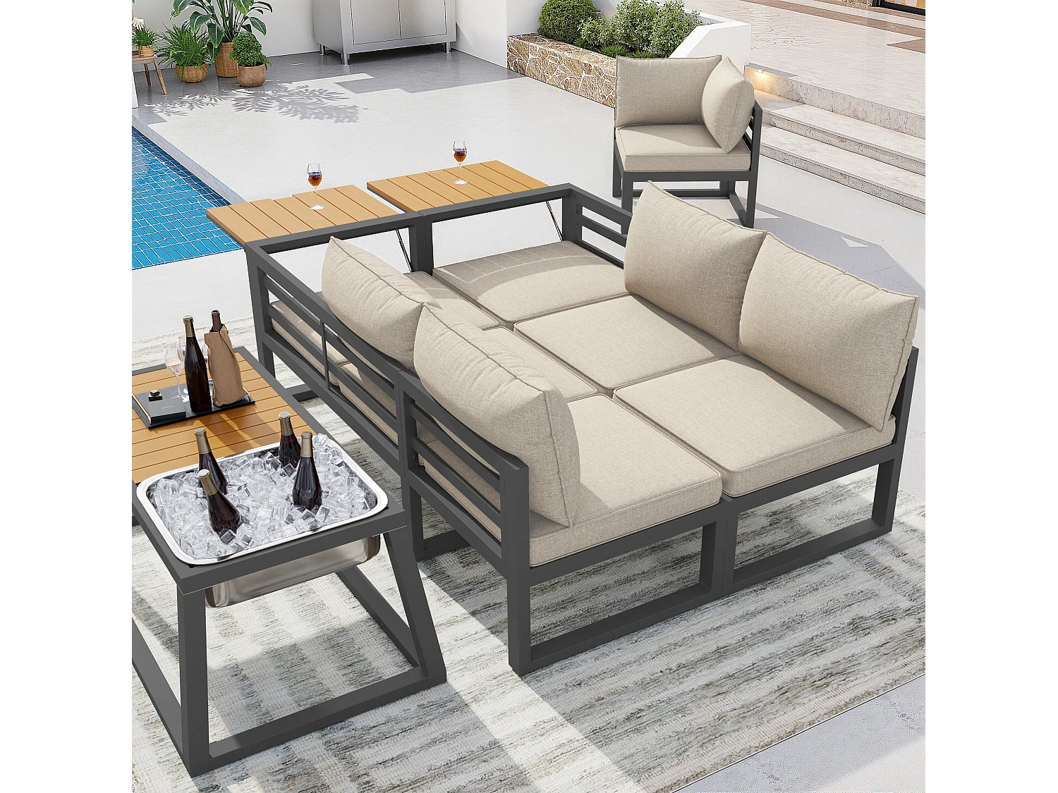 Tuinset - met kussens + tafel + bank met verstelbare rugleuning en inklapbare armleuningen - metaal - beige