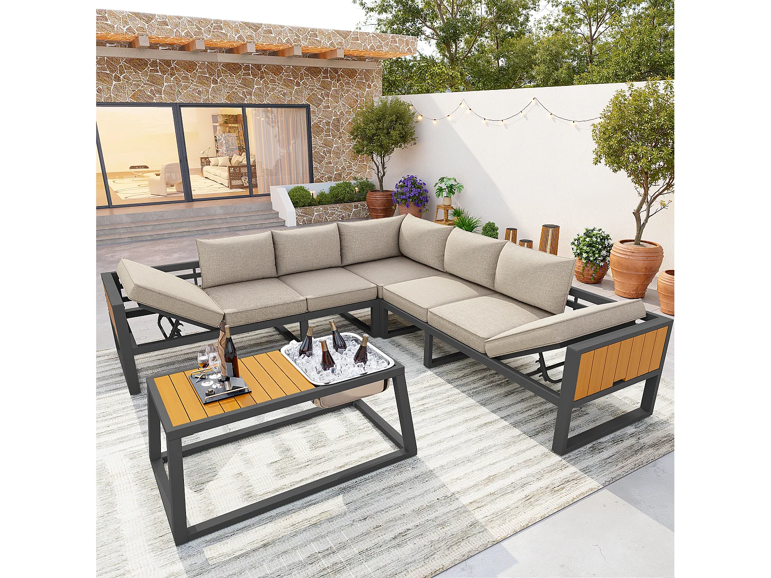 Tuinset - met kussens + tafel + bank met verstelbare rugleuning en inklapbare armleuningen - metaal - beige