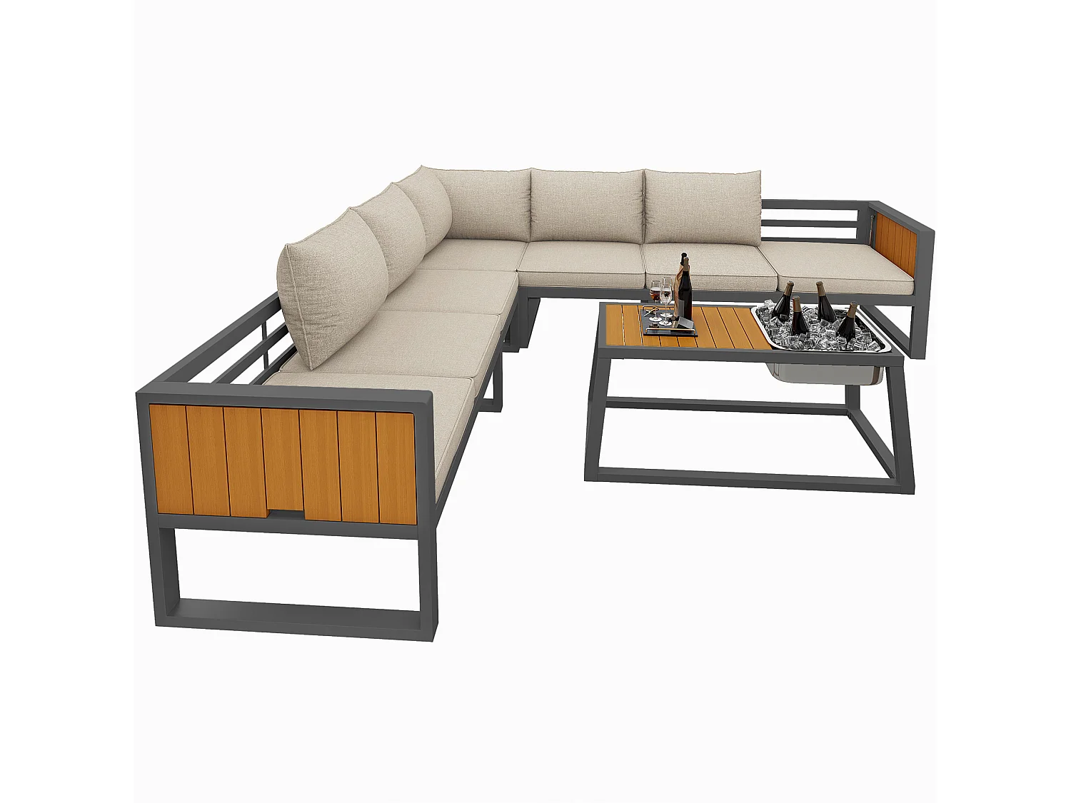 Tuinset - met kussens + tafel + bank met verstelbare rugleuning en inklapbare armleuningen - metaal - beige