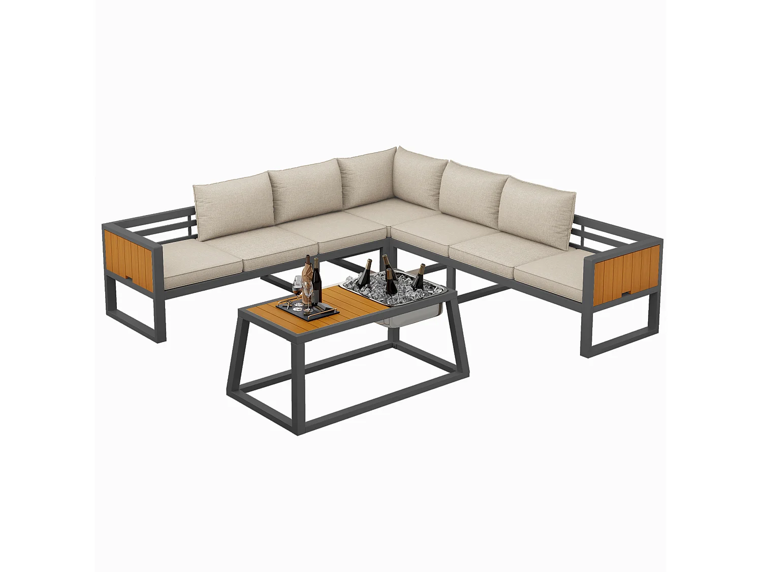 Tuinset - met kussens + tafel + bank met verstelbare rugleuning en inklapbare armleuningen - metaal - beige